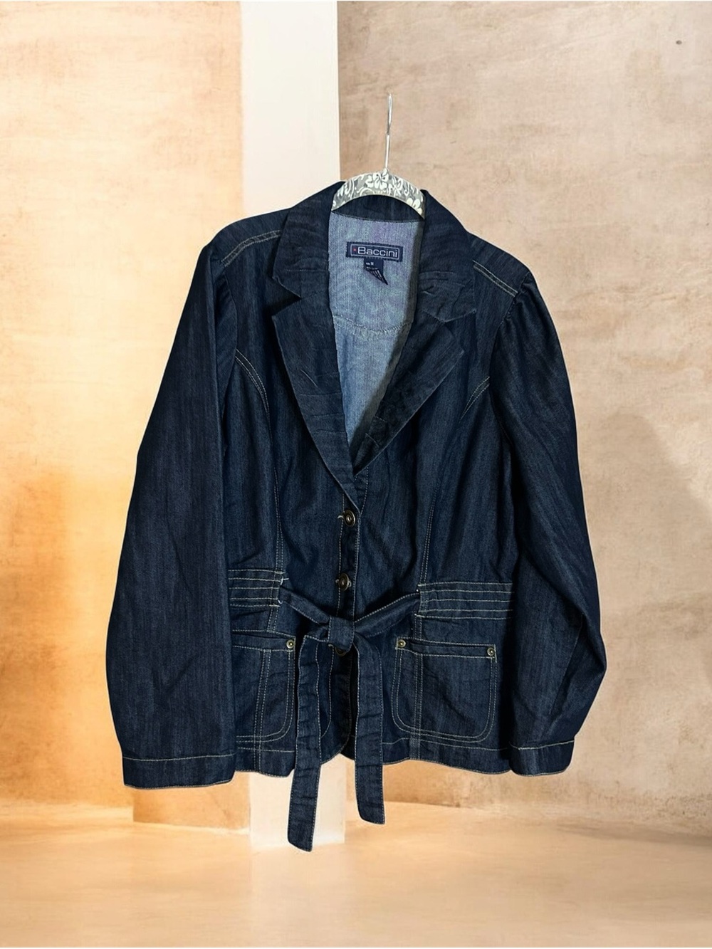 Baccini Vintage Y2K Denim Blazer Jacket - Size 1X - Dark Wash - Belted - 90s-00